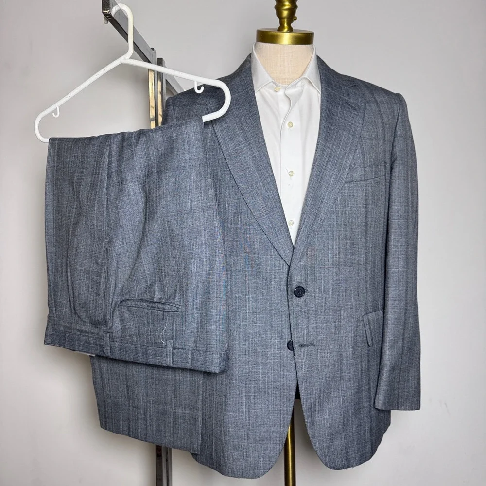 Adams‎ Row by Richman Suit Mens 44R 37x28.5 Grey Plaid Vintage 2 Button Blazer